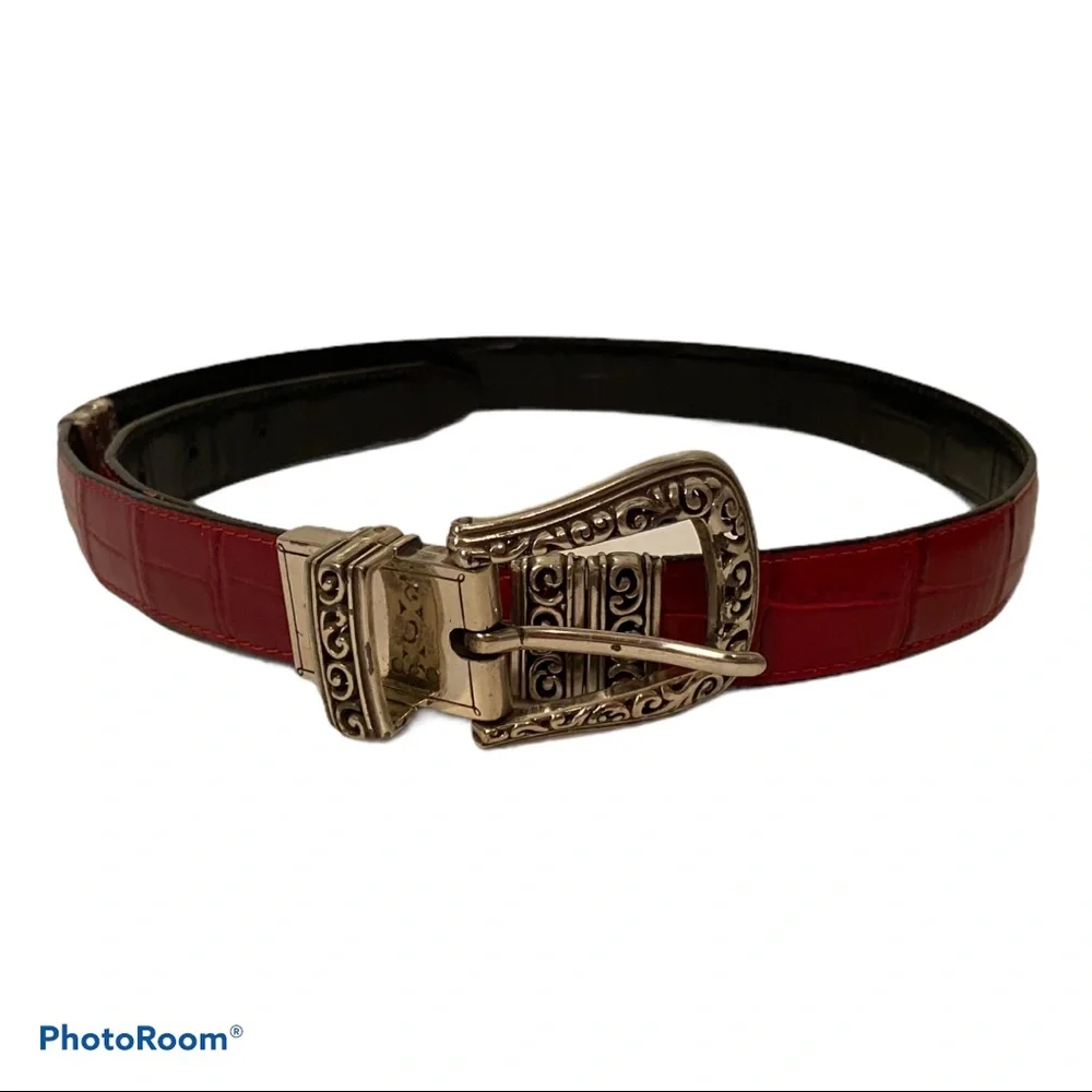 BRIGHTON BELT BLACK RED LEATHER REVERSIBLE SILVER TONE HARDWARE size 32